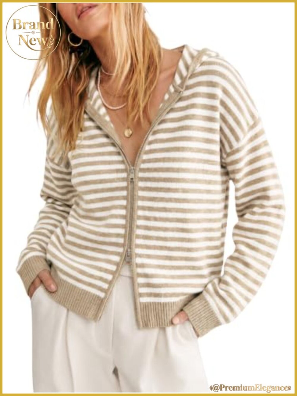 Striped Zip Up Hooded Knit Cardigan Long Sleeve Loose Fit Sweater